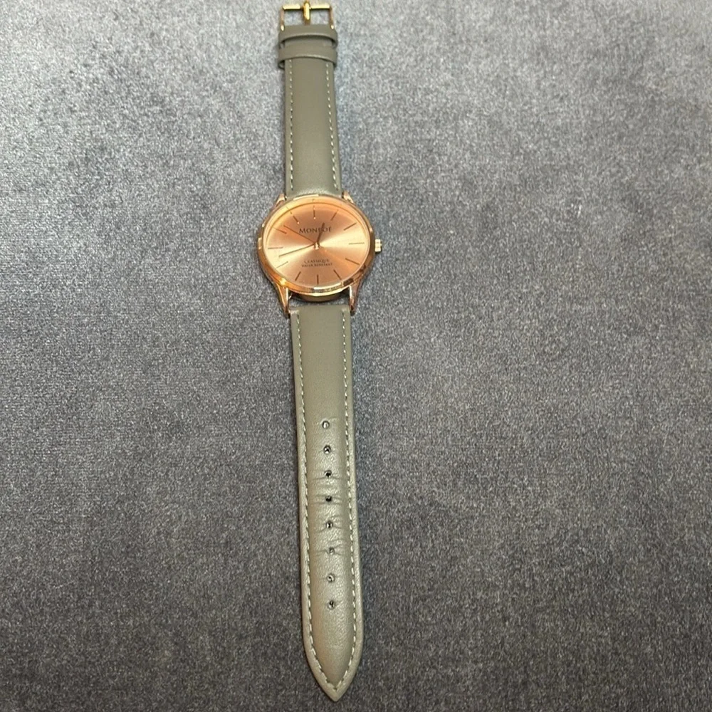 Monroe Classique Quartz Watch Rose Gold Dial Gray Leather Strap Minimalist